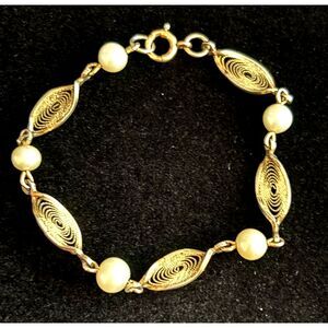 Vintage Gold Tone Bracelet Faux Pearl Link Filigree Mid Century Elegant Bracelet